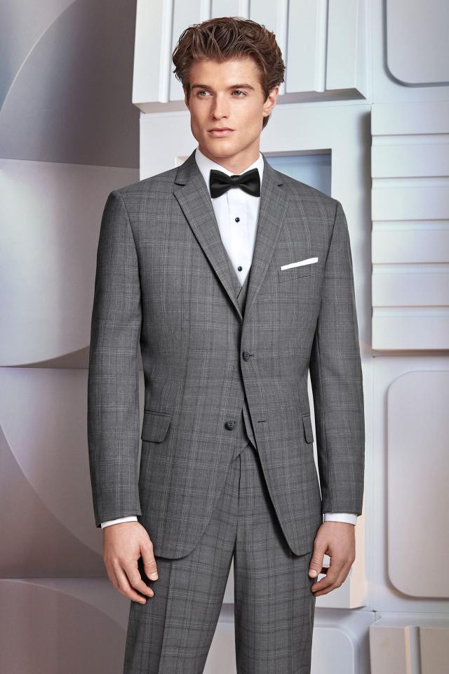 Wedding Suit Grey Plaid Ike Behar Hamilton with matching Fullback Vest and Black Bow Tie