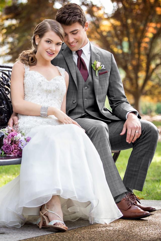 Wedding Suit Grey Plaid Ike Behar Hamilton with matching Fullback Vest and Herringbone Wine Windsor Tie