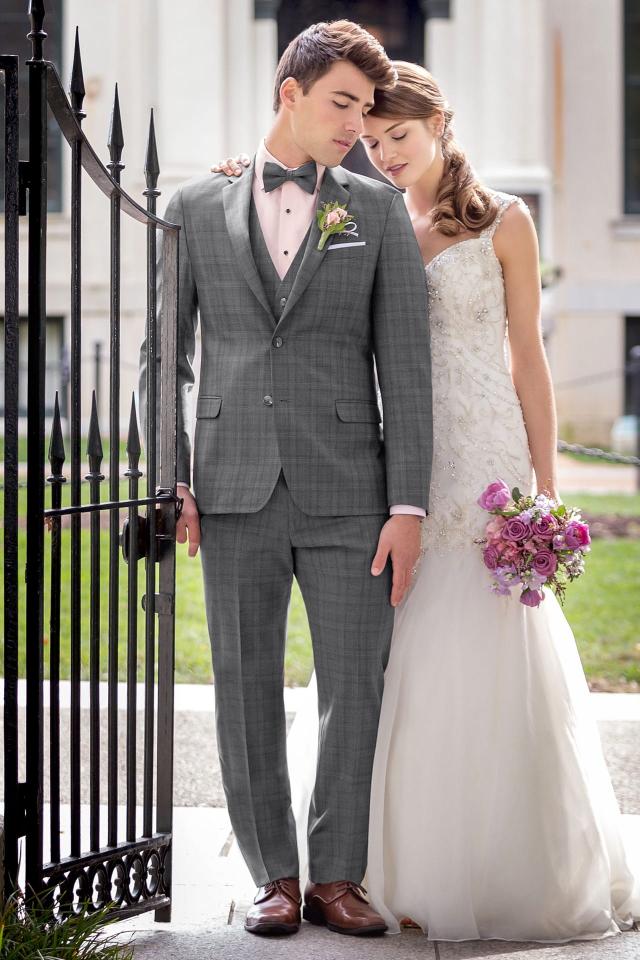 Wedding Suit Grey Plaid Ike Behar Hamilton with Pink Microfiber Shirt and matching Fullback Vest and Bow Tie