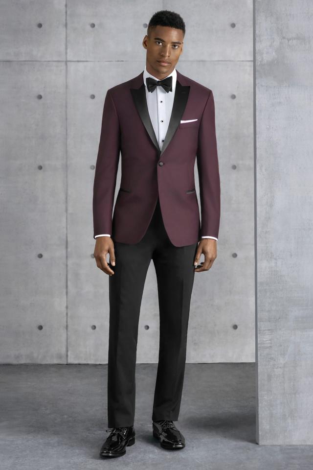 Wedding Tuxedo Burgundy Kenneth Cole Empire with Black Pants and Black Satin Bow Tie