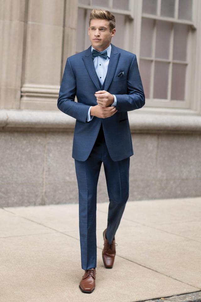 Wedding Tuxedo Indigo Blue Ike Behar Lane with Matching Fullback Vest and Slate Blue Bow Tie